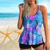 Women's Shoulder Strap Swimsuit with Purple Leaf Print Bikini Short Tank Top Swimsuit