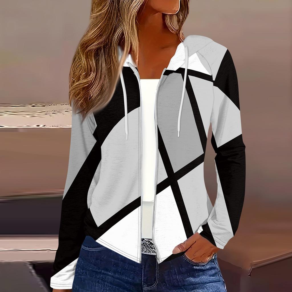 Women's Fashion Casual Zip Up Hooded Print Long Sleeve Sweatshirts Coat