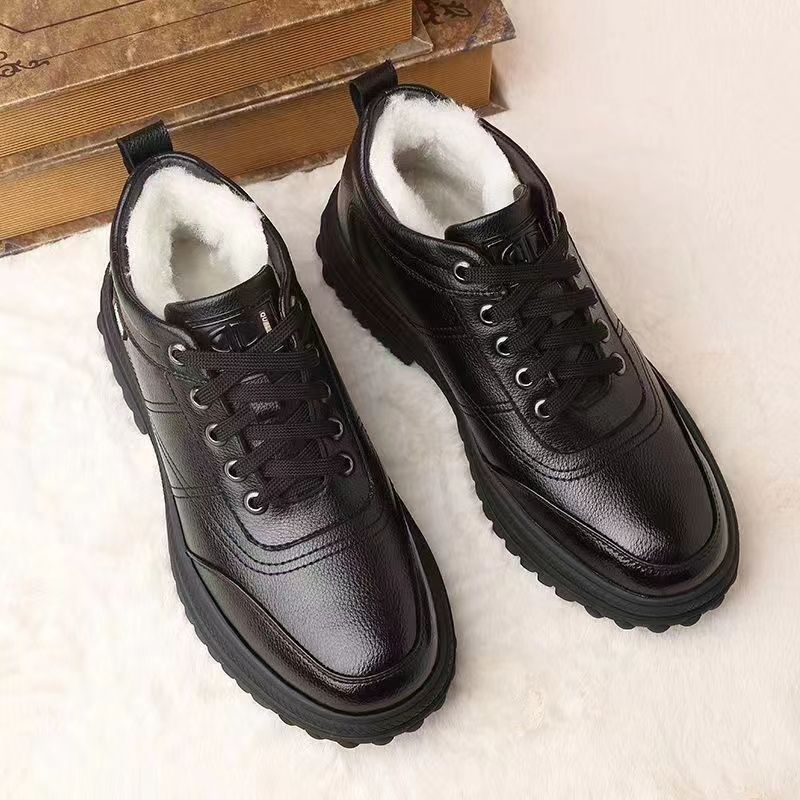 Cotton Shoes Men's Winter Velvet Warm Leather Surface Soft Sole Casual Shoes Outdoor Fashion Lace-up Leather Shoes Supply