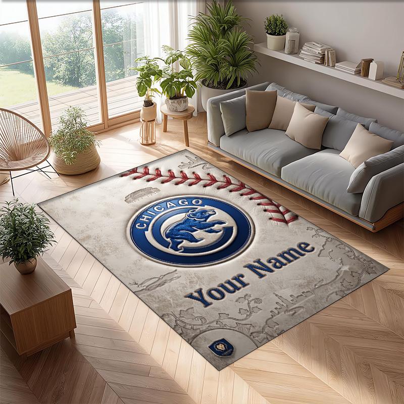 Chicago Cubs Crystal Velvet Rug, Custom Name Text Personalized Non‑Slip Floor Mat for Home Decor Gift
