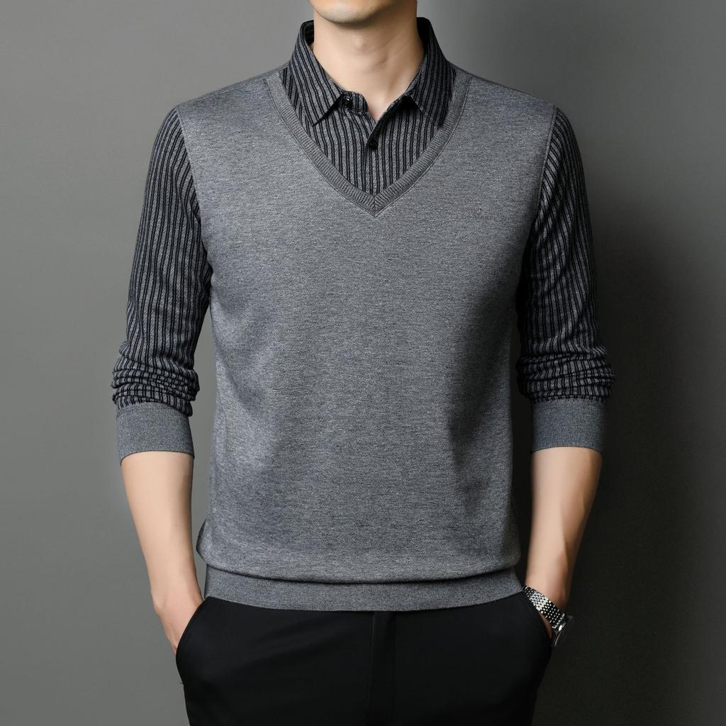 Business Casual Men's Middle-aged Fashion Pullover Men's Sweater Fake Two Pieces Autumn New Shirt Collar Sweater