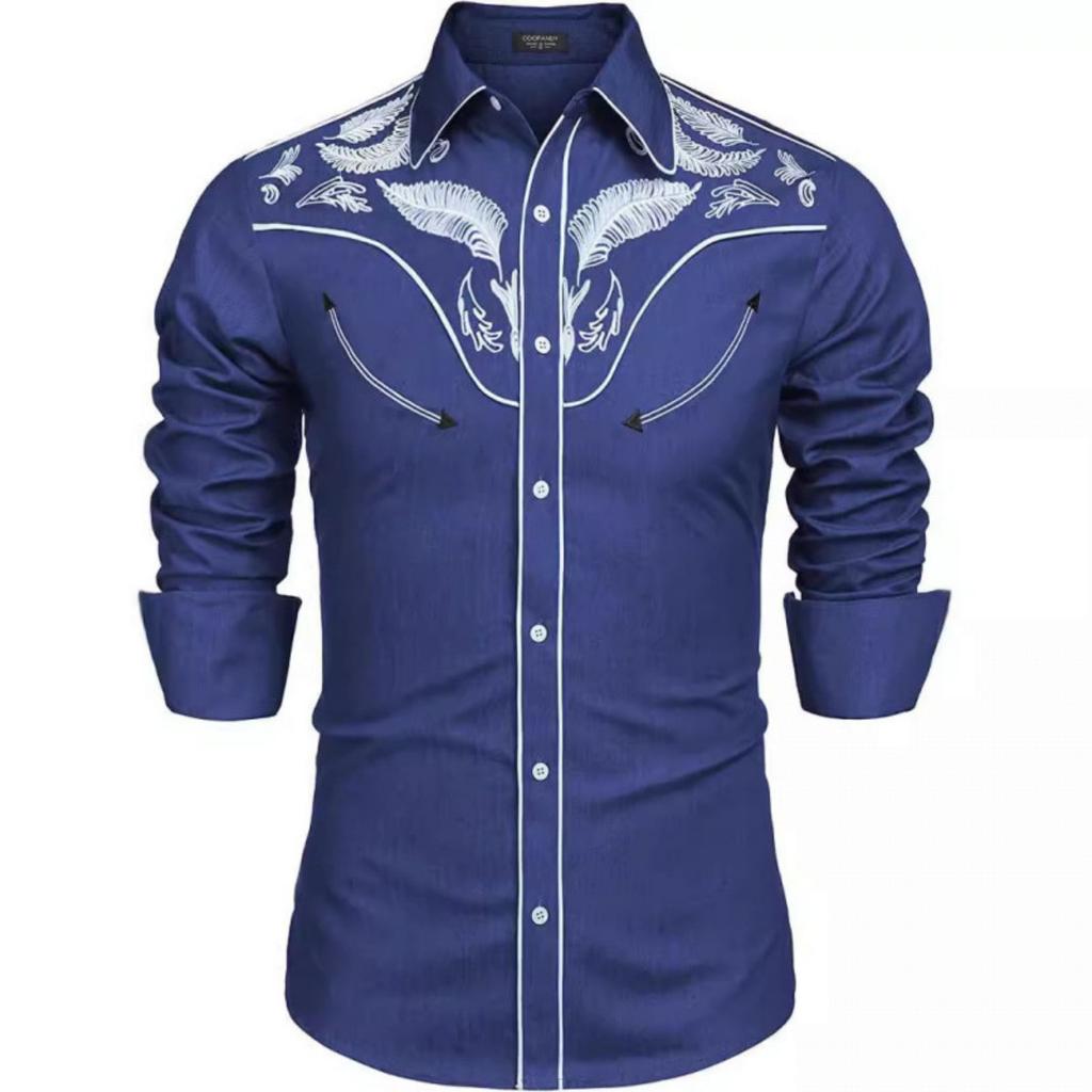 Western Style Embroidered Long Sleeve Shirt, Trendy Men's Casual Top