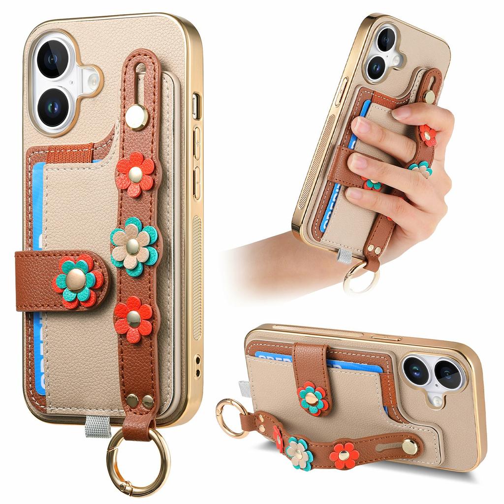 For iPhone 16 Case Card Holder Leather Back Cover 3D Flower Wristband - Purple