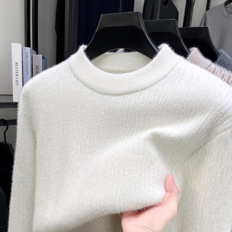 Men's Ferret Velvet Knit Fleece Pullover: Warm Round Neck Casual Fashion Base Layer Sweater