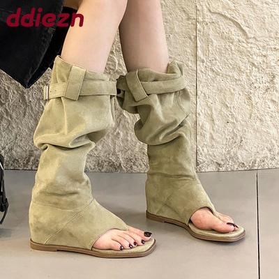 Модные женские сапоги-сандалии на высоком каблуке до колена, женская обувь с увеличением роста, модные замшевые женские ботинки в западном стиле, шлепанцы