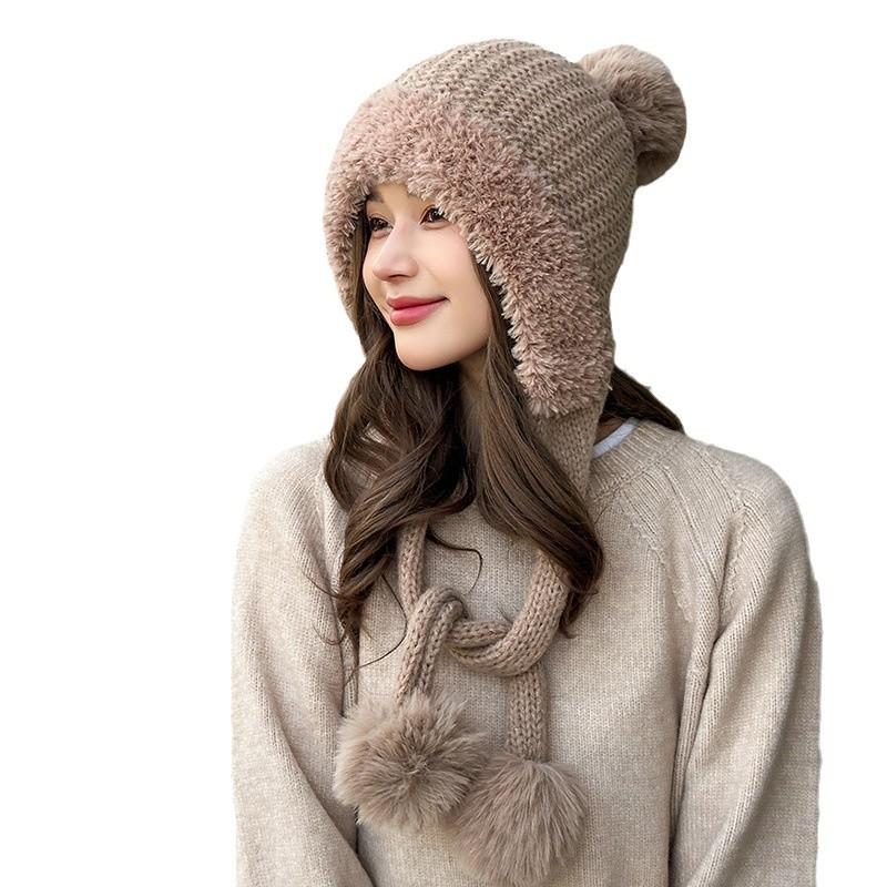 Plush Hat Solid Color Warm Knitted Hat Double Layer with Fluffy Ball Knitted Hat Cute Hanging Ball Outdoor Hat Winter