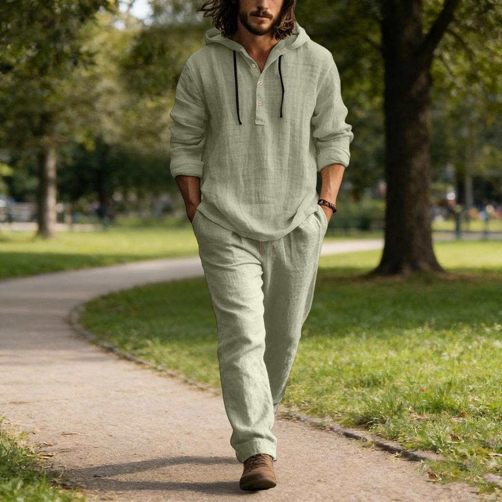 Мужской повседневный льняной комплект, Рубашка на пуговицах, Брюки с эластичным поясом и кулиской, Свободные, Удобный комплект из двух предметов