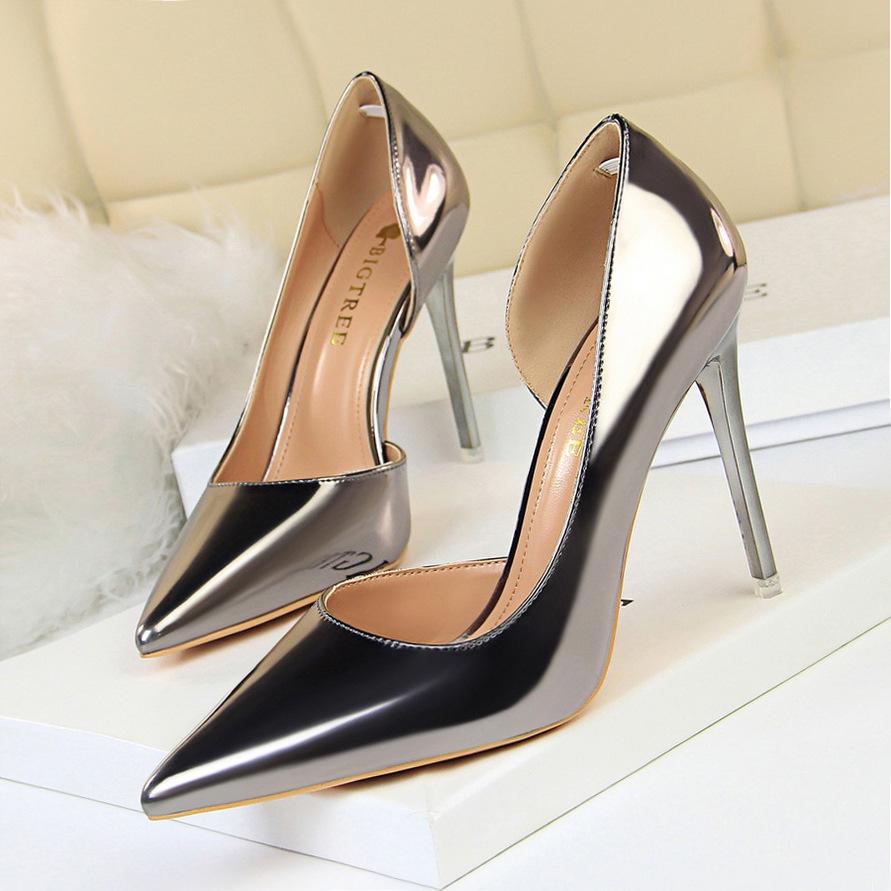 Bigtree European and American Style High Heels Simple Fine Heel Metal Heel 10.5cm High Heel Shallow Mouth Pointed Side Hollow Sexy Single Shoe