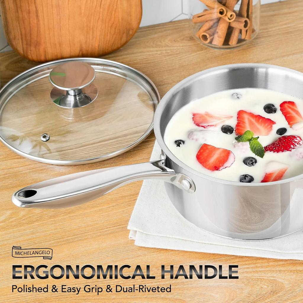 MICHELANGELO 3QT Saucepan with Lid Stainless Steel Soup Pot Stew Pot Thick Bottom Stock Pots Induction Compatible