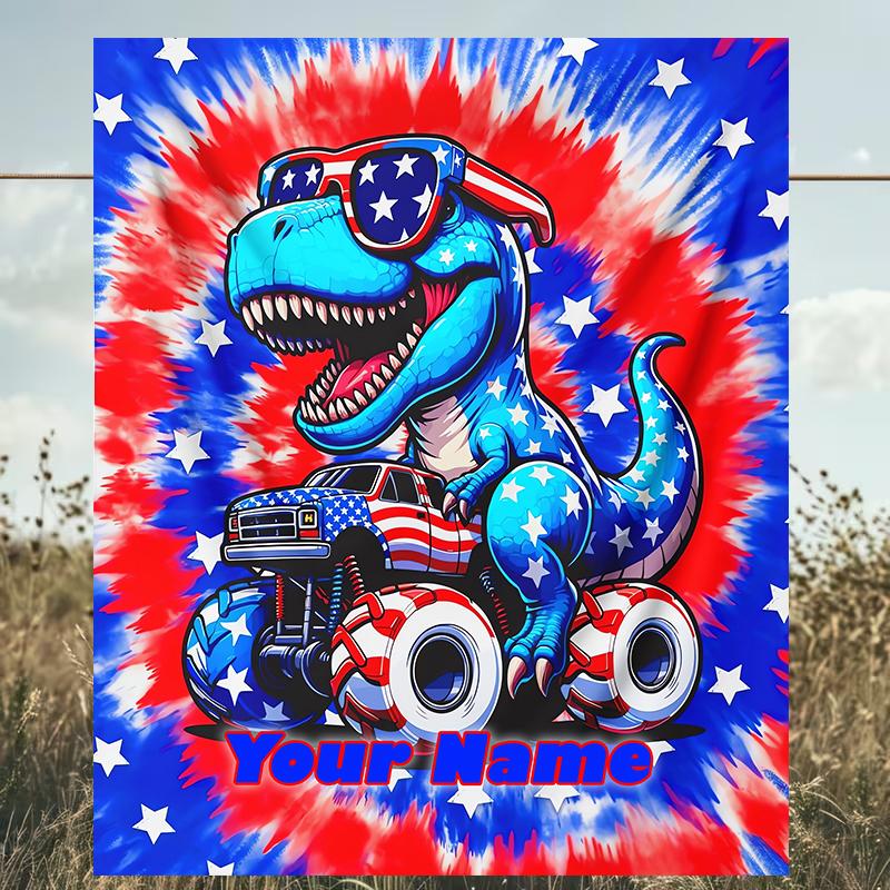 1PC Custom Name American Dinosaur Adventure outdooor Flannel blankets Patterns Throw Blanket All-Season Soft Gift for Couch, Bed, Camping gifts