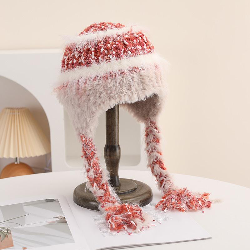 Полосатая вязаная шерстяная шапка с вставками для женщин на осень и зиму, утолщенная для тепла и защиты от холода, с защитой ушей, очки для шапки-ушанки