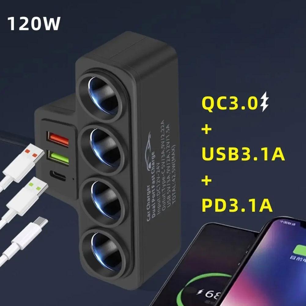 New 4-Socket 3.1A Charger USB Car USB+QC3.0+PD3.1A Accessories Port USB 120W 12V/24V Car Charger Adapter