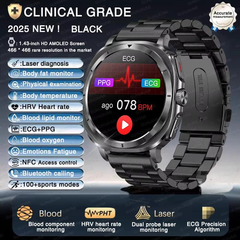 2025 New Accurate Measurement Uric Acid Blood Fat Blood Pressure Body Analysis Smart Watch ECG+PPG SmartWatch Men for IOS Android