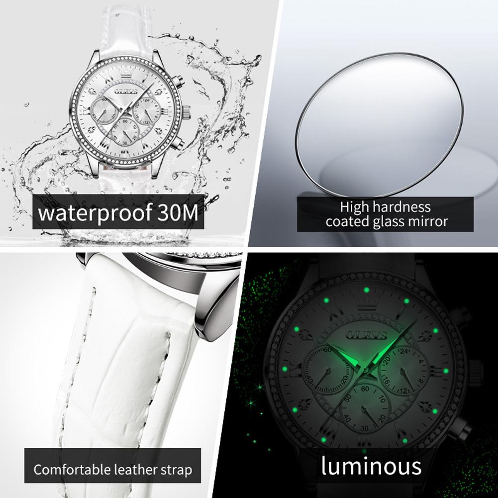 Women's Watches Fashion Elegant Diamond Bezel Watch for Ladies Soft Leather Strap Waterproof Luminous Chronograph