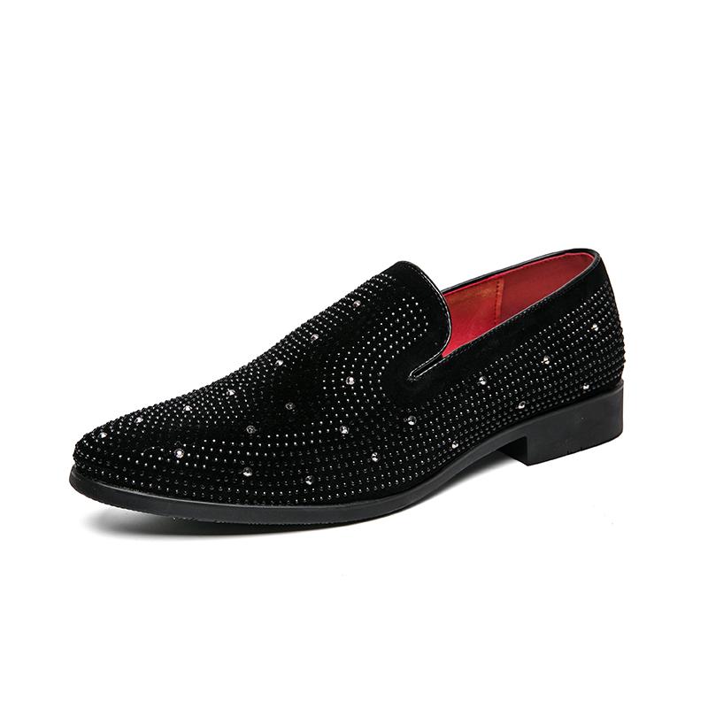 Fashion Black Rhinestone Men Loafers Gold Spiked Rivets Formal Men Casual Shoes Wedding Party Dress Shoes Men Flats Slip On Loafers