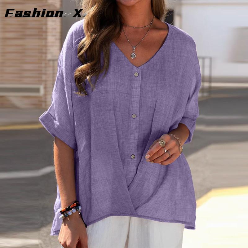 Cotton T-shirt V-neck Short Sleeve Loose Women's Shirt Casual Tops