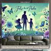 Warm Father's Day Backdrop, Gentle Green and Blue Scene with Father, Kids, Butterflies and Flowers, Heartfelt and Sentimental Wall Art