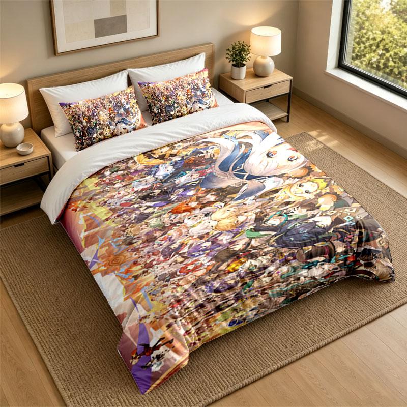3Pcs Bedding SetGenshin Impact Soft Bed Sheet and Two Pillowcases Home Bedroom Decor