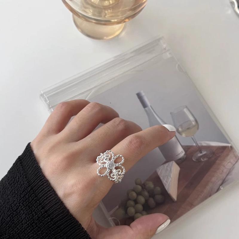 VENTFILLE 925 Sterling Silve Zircon Flower Ring for Women Girl Gift Lace Hollowed Out Flower Adjustable Jewelry Dropshipping