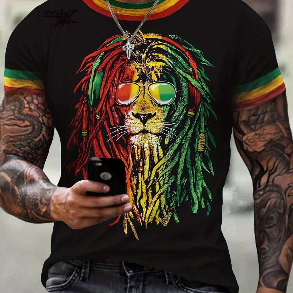 Handsome Lion Print 3D Pattern Printed Men's O-Neck Short Sleeve Casual Fashion Street Men's Large Size T Shirt Sports T-Shirt