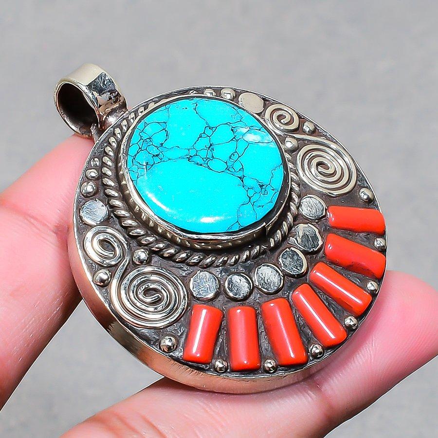 Chunky Vintage Nepal Pendant 1.9" Natural Turquoise Coral Boho Statement NP 2510