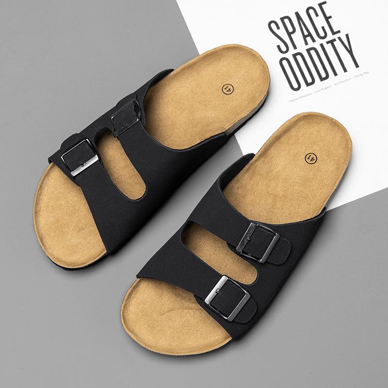 Модные летние мужские тапочки в британском стиле для подиума, модные сандалии для отдыха на природе, мужские тапочки из пробки, мягкие пляжные шлепанцы с двумя пряжками