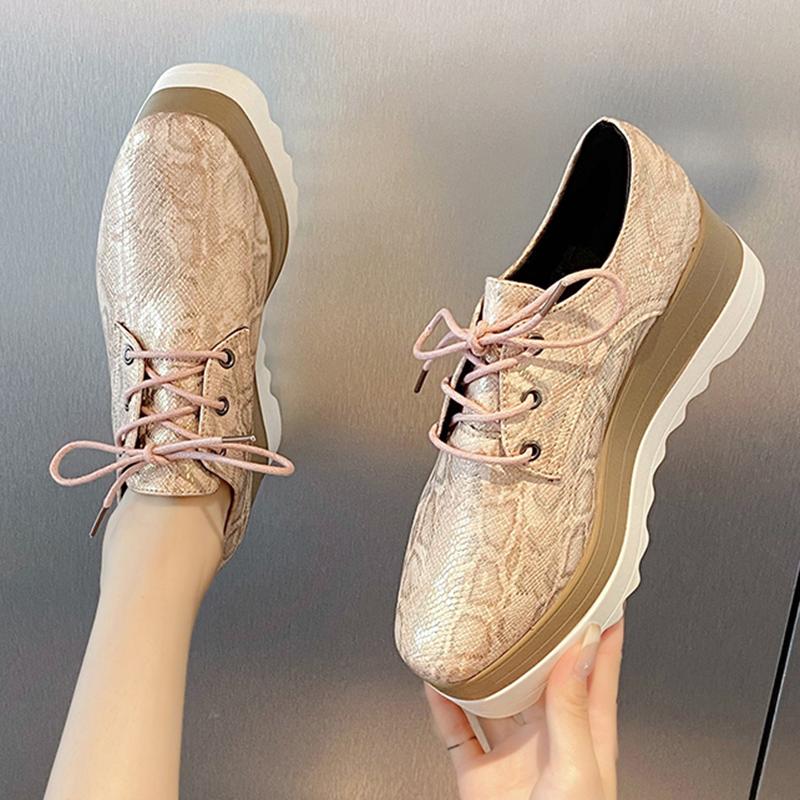 Мокасины из искусственной кожи со змеиным узором, женские, на толстой платформе, со шнуровкой, броги, женские, больших размеров, нескользящие, на толстой подошве, оксфордские туфли