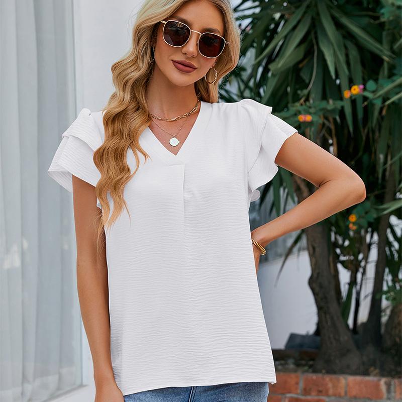 Женская шифоновая блузка с рюшами и краями, летние повседневные топы с короткими рукавами и v-образным вырезом