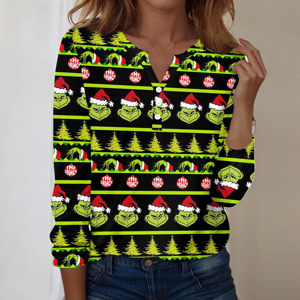 Women's Fashion Casual V-Neck Long Sleeve Decorative Button Christmas Print Top