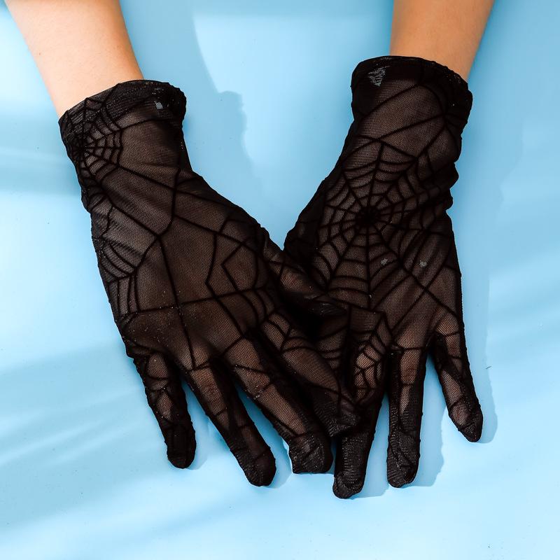 Korean Style Lace Fingerless UV-Protection Gloves – Black Spider Web Design for Women