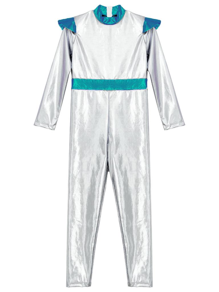 Girls Alien Cosplay Costume Space Astronaut Robot Jumpsuit Long Sleeve Shiny Metallic Bodysuit For Halloween Christmas Dress Up