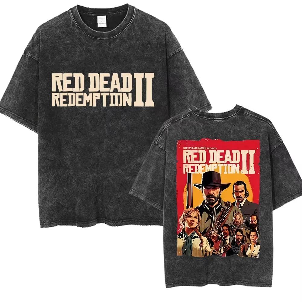 Винтажная футболка оверсайз с коротким рукавом, кислотной стирки, с логотипом Red Dead Redemption 2 и двусторонним графическим принтом Артура Моргана