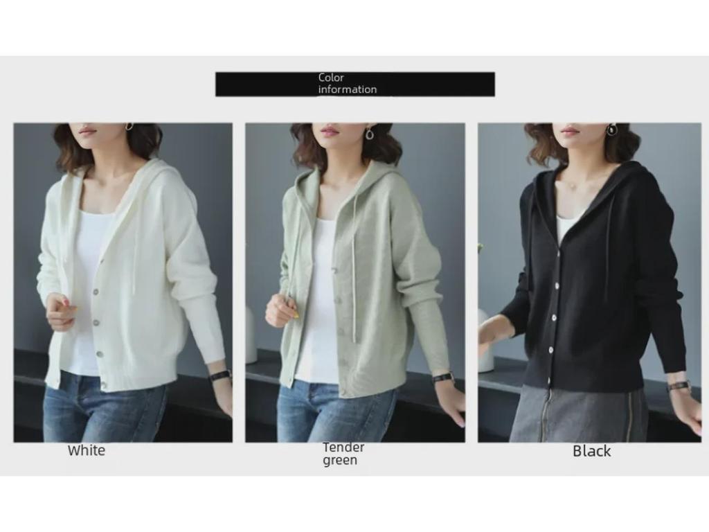 Женский вязаный кардиган с капюшоном — короткий и свободный для ранней весны/осени 2024 г.