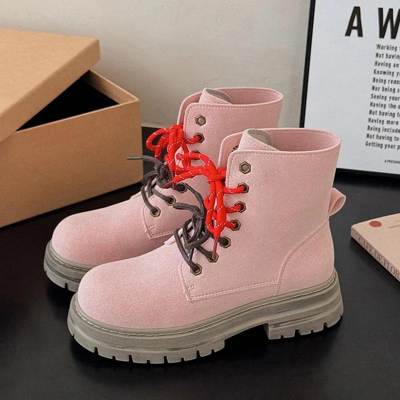 Новые ботинки в британском стиле, женская обувь, осенние новые повседневные ботинки на шнуровке, женские высокие ботинки, нескользящие ботинки на толстой подошве для походов на открытом воздухе