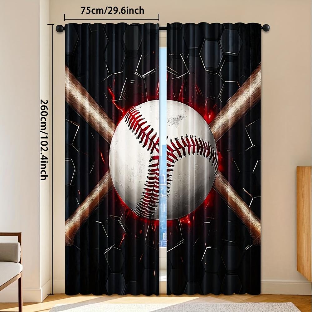 2pcs Baseball Bat Print Window Curtains - Black & Red Sports theme Window Drapes with Rod Pocket for Bedroom   Living Room   Offic