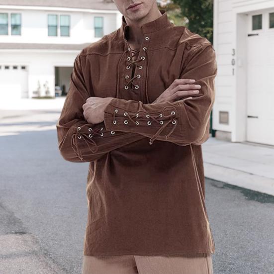 Men Speing Top Stand Collar Lace-up V Neck Long Sleeve Solid Color Gothic Punk Pirate Style Loose Pullover Soft Breathable Men Mid Length Shirt