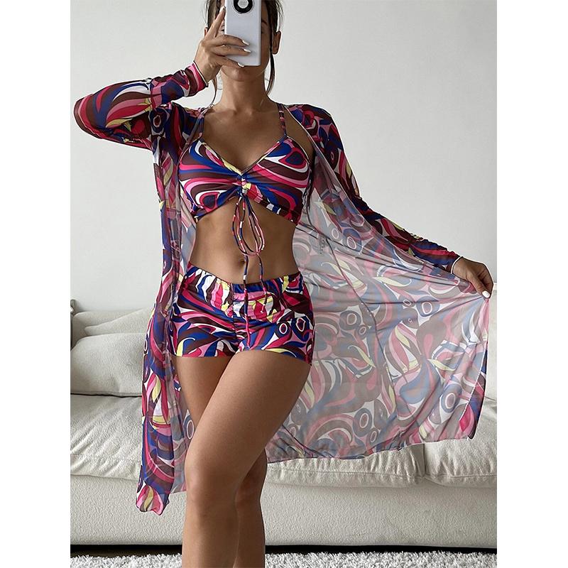 Women Swimsuit High Waist Bikini Set Three Pieces Women Sexy Long Sleeve Cover Up Swimsuit Beach Bathing Suits Swimwear