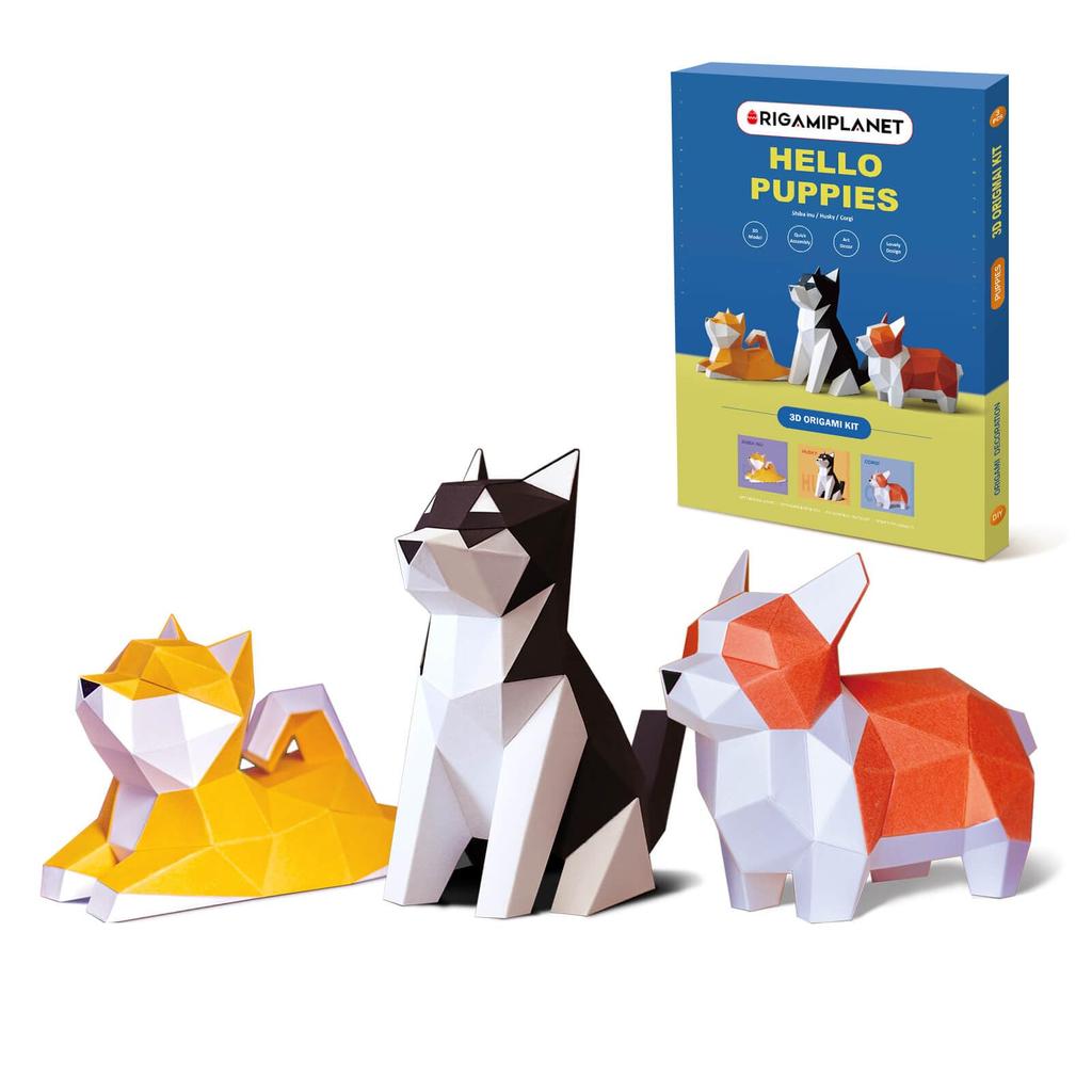 ORIGAMIPLANET Hello Puppies 3D Origami Paper Craft Gift Set 3 Inu 3D Origami Cute Animal Dog Paper Sculptures for Teens Birthday Home Decor DIY Art