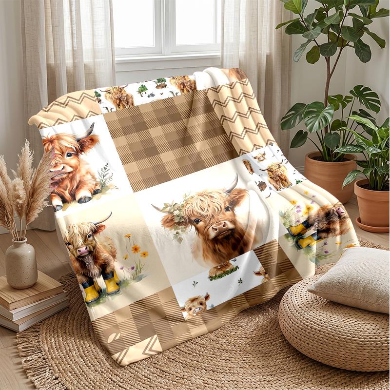 Highland Cow Fabric Patterns Theme blanket Lightweight Warm Flannel Blanket Decorative Throw Blanket for Home Decoration