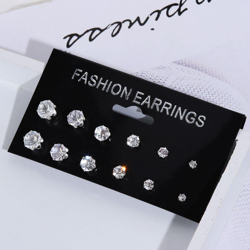 6/12Pairs Exquisite Women Jewelry Gift Geometric Crystal Stud Earrings Set Round Zircon Alloy Silver