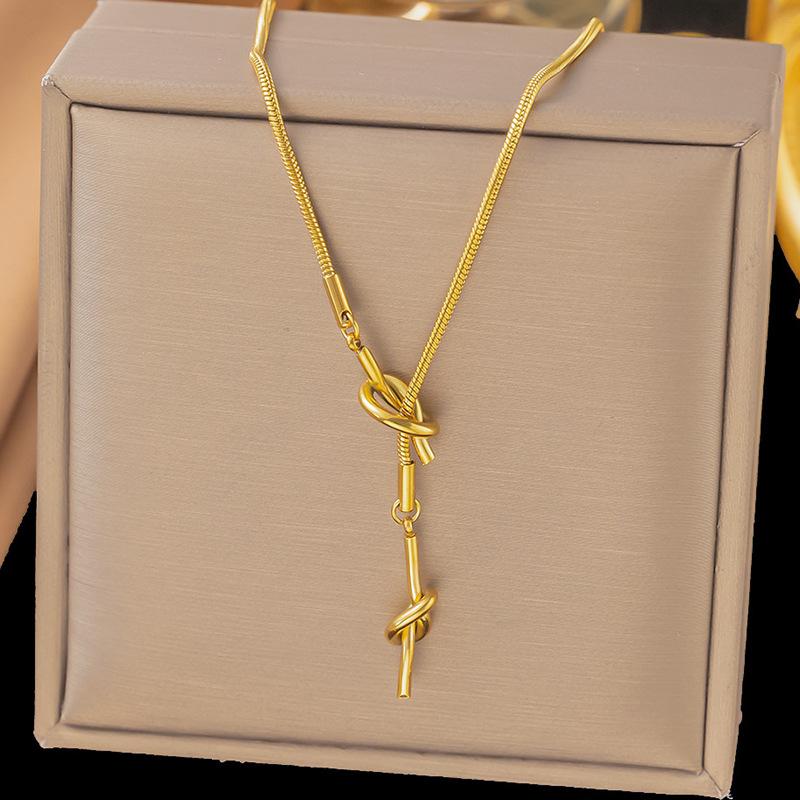 Stainless Steel Knot Lucky Beads Imitation Pearl Necklace for Women Men Simple Ball Pendant Long Chain Temperament Jewelry Gifts