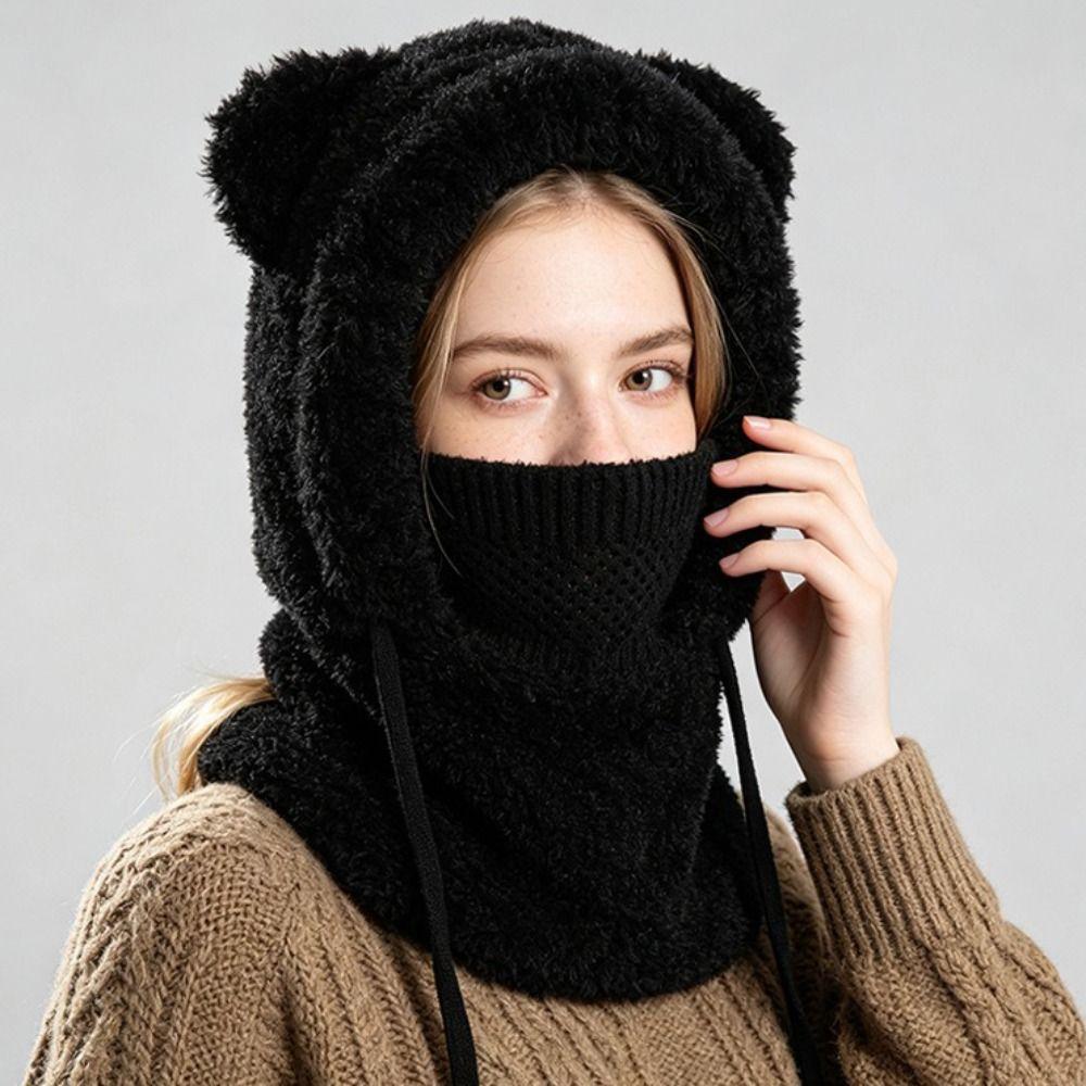 Earflap Design Winter Hat With Scarf Integrated Warmth Hooded Cap Mask Scarf Set Outdoor Sports