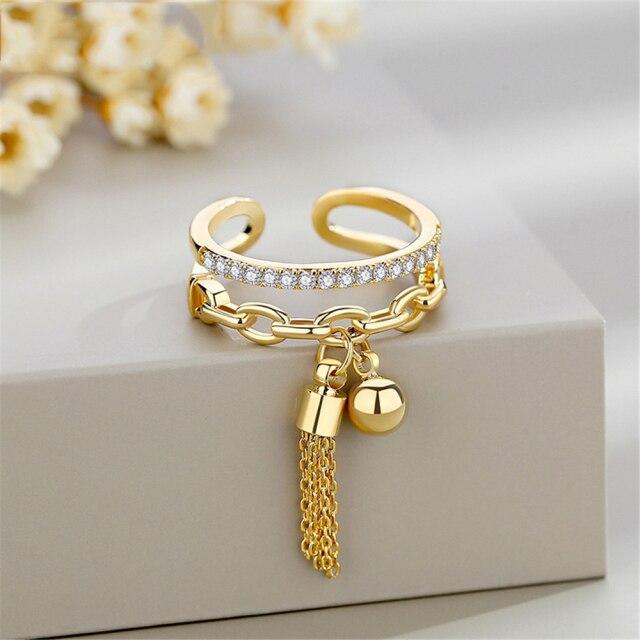 New Link Chain Tassel Gold Color Ring Zirconia With Spike Pendant Charm Fingure Ring For Women Opening Adjustable Ring