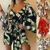 Asymmetrical Hem Elegent Beauty Lady Dress Tropical Print Sexy Women Dress Tie Front V Neck Mini Dress Beachwear