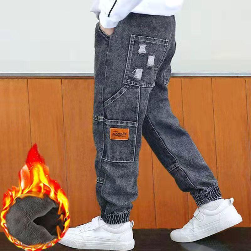 Spring and Autumn Boys' Denim Trousers, Big Children's Leggings, Plus Velvet Children's Casual Pants