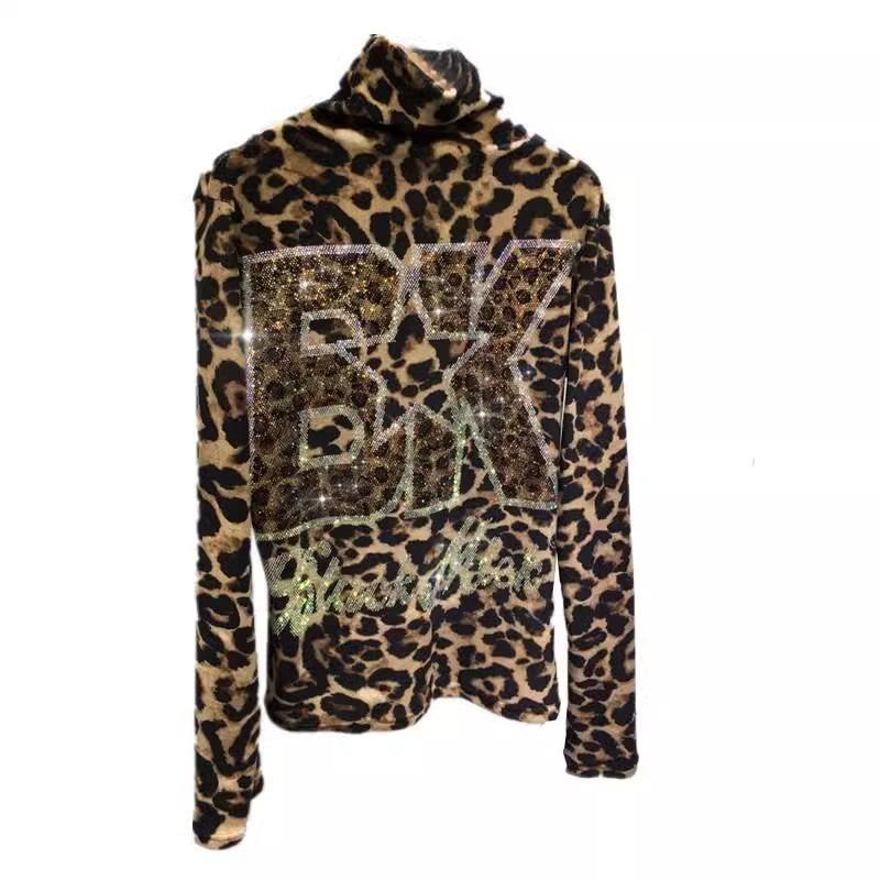Женская рубашка большого размера Hot Drill Base с высоким воротом и толстым осенним длинным рукавом с леопардовым принтом для похудения