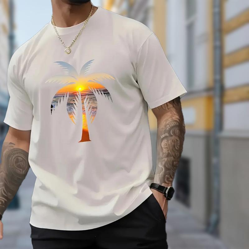 New Summer Men's Fashion T-shirt Personality Sunset Coconut Tree Printed Men's T-shirt Top