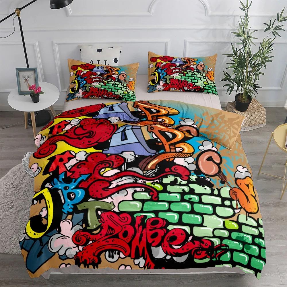 Hip-Hop Graffiti Bedding Set - Teen Boys Duvet Cover and Pillowcase Art Design Bedroom Decor 135x200cm, Boys and Girls Gift