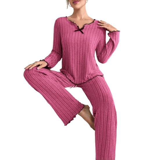 2 шт./комплект весенний женский топ и брюки костюм с длинными рукавами V-образный вырез бант сборка декор топ эластичная талия нитки брюки наряд домашняя одежда пижама комплект