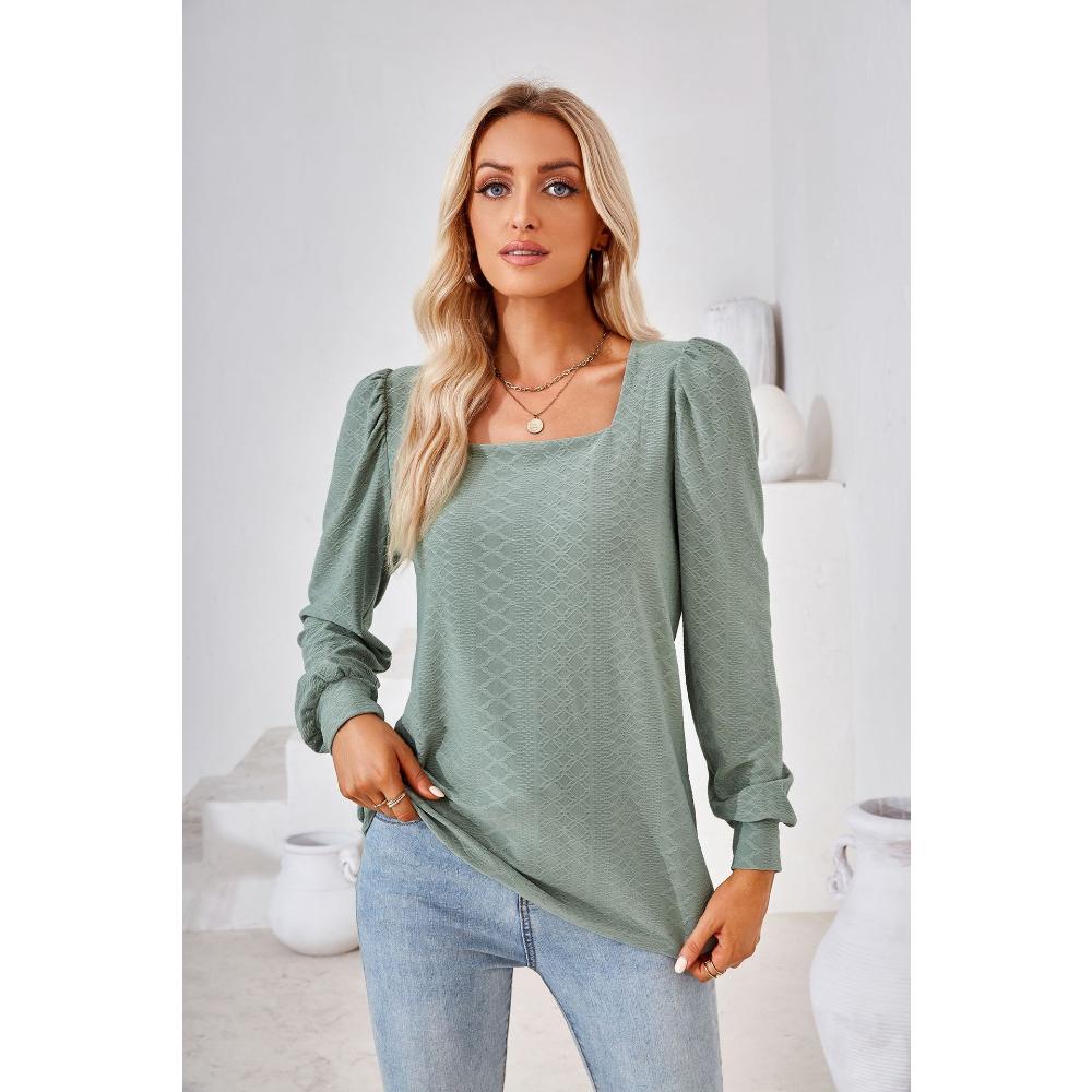 Весенне-осенняя женская блузка с квадратным вырезом, однотонный плиссированный свободный топ с длинными рукавами